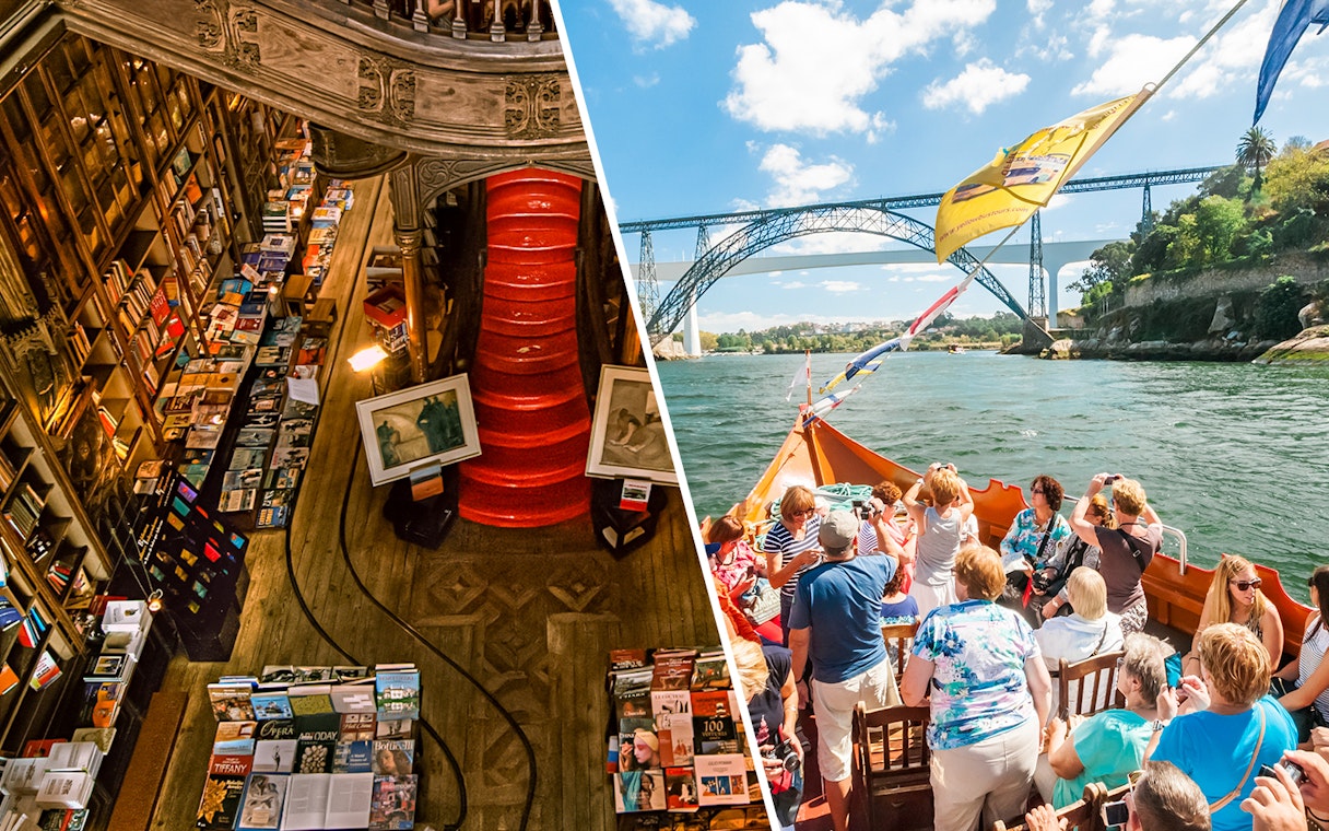 Lello Library interior and tourists on a boat cruise under a bridge in Porto.