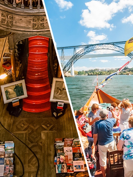 Lello Library interior and tourists on a boat cruise under a bridge in Porto.