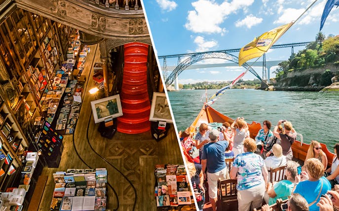 Lello Library interior and tourists on a boat cruise under a bridge in Porto.