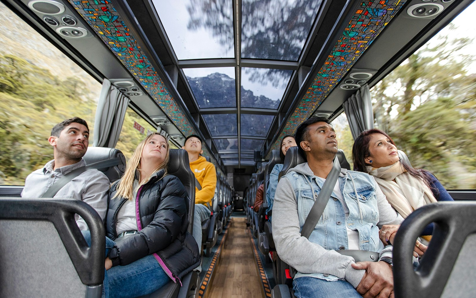 Passengers on a scenic bus tour from Auckland to Hobbiton, Waitomo Caves, and Te Puia.
