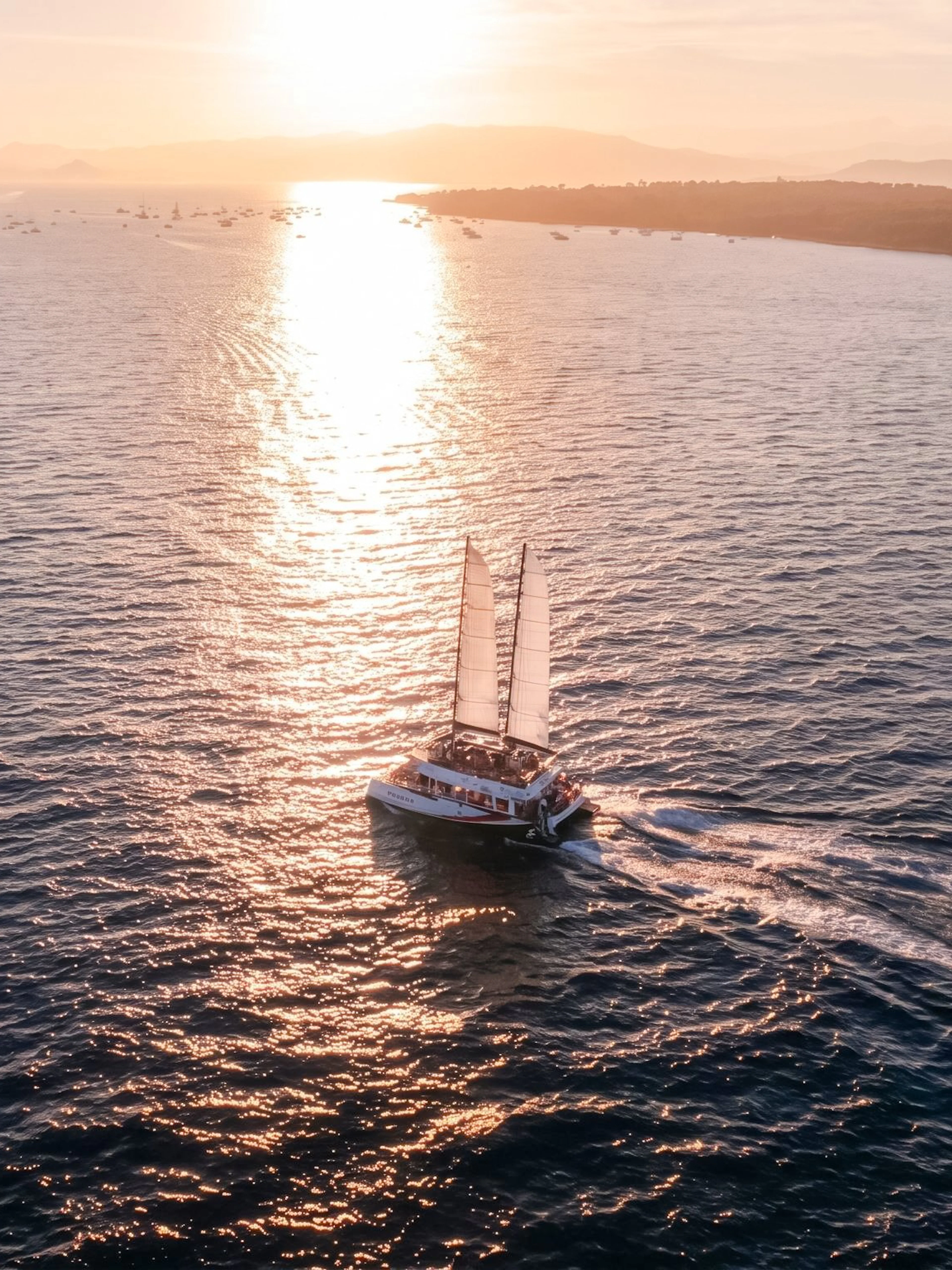 Sailboat cruising at sunset on the French Riviera with distant coastline.