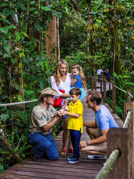 Family interacting with guide on rainforest boardwalk at Barron Falls Skyrail Station.