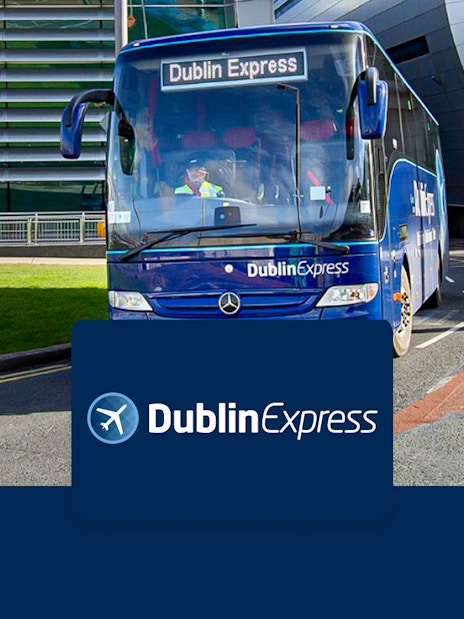 Dublin Express bus at Dublin Airport terminal.