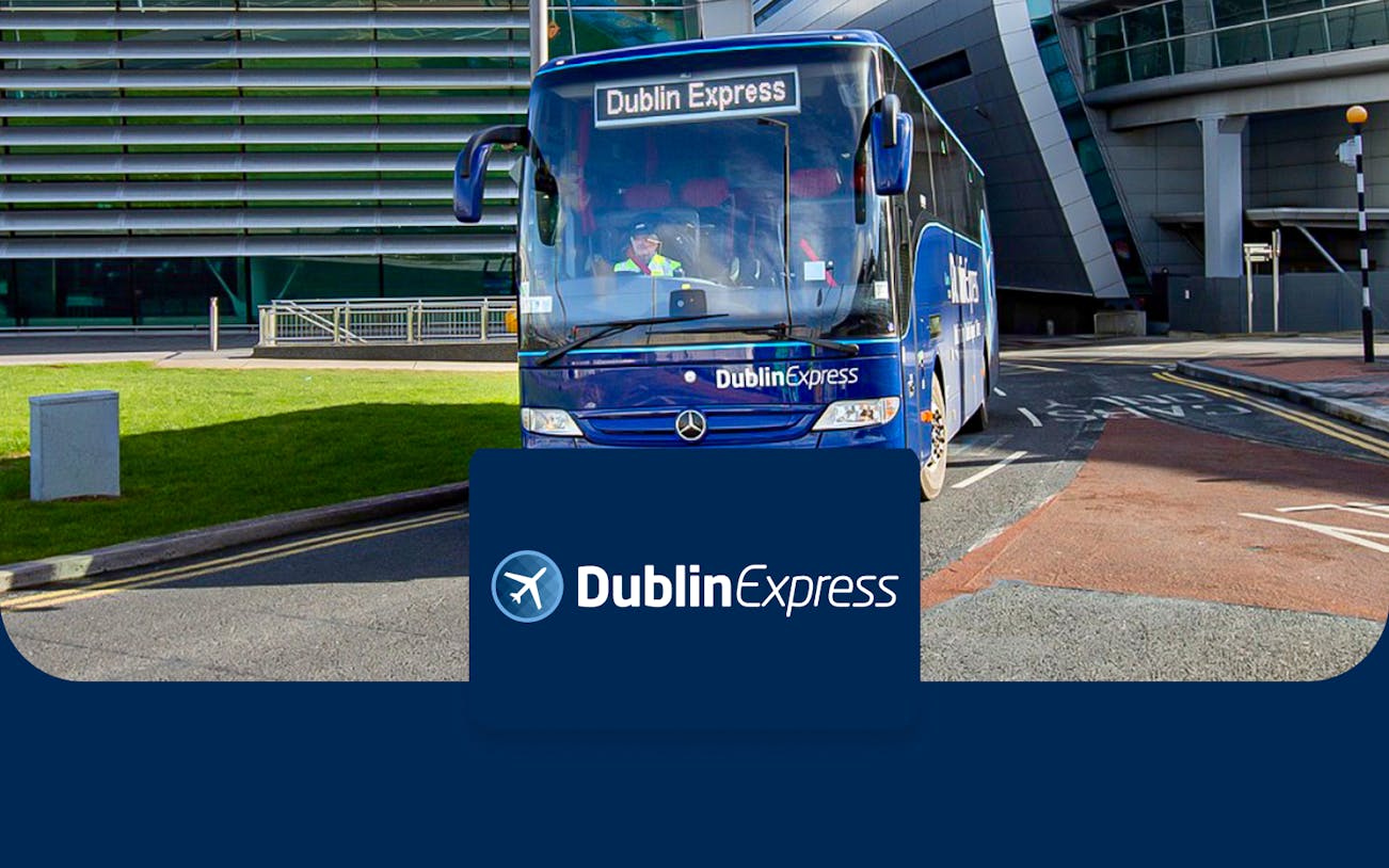 Dublin Express bus at Dublin Airport terminal.
