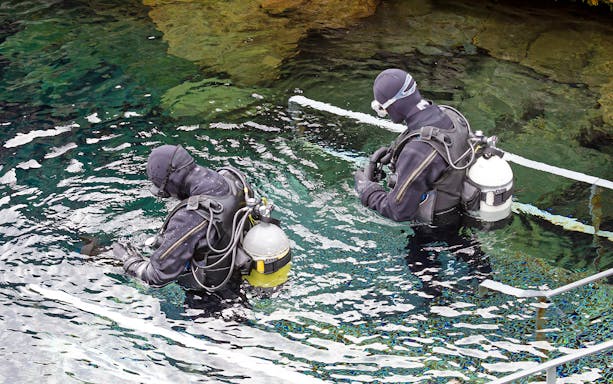 Snorkelers entering Silfra Fissure in Iceland.