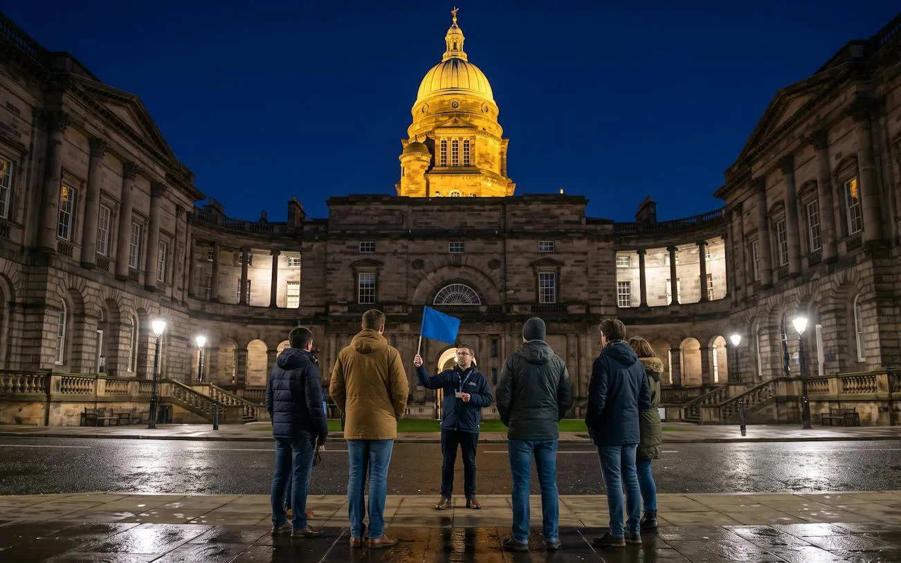 Tour group at night in front of illuminated Edinburgh building during True Crime Walking Tour.