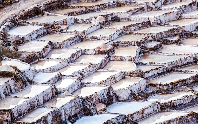 Terraced salt ponds at Maras Salt Mines in the Sacred Valley, near Cusco, Peru.
