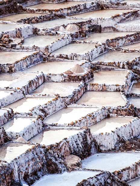 Terraced salt ponds at Maras Salt Mines in the Sacred Valley, near Cusco, Peru.