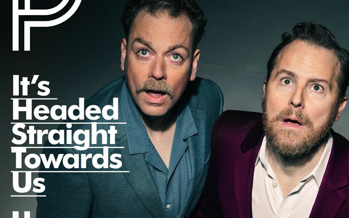 Two men looking surprised with the text "It's Headed Straight Towards Us" in bold letters.