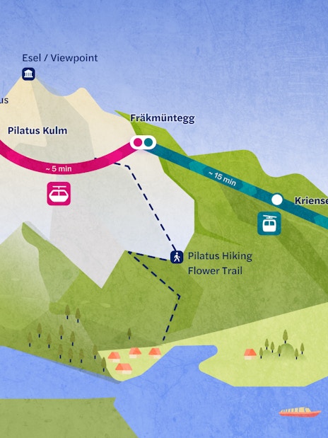 Map of cable car route from Kriens to Pilatus Kulm via Krienseregg and Fräkmüntegg.