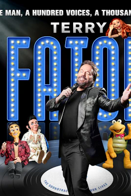 Terry Fator performing with puppets on stage, showcasing "One Man, a Hundred Voices, a Thousand Laughs!