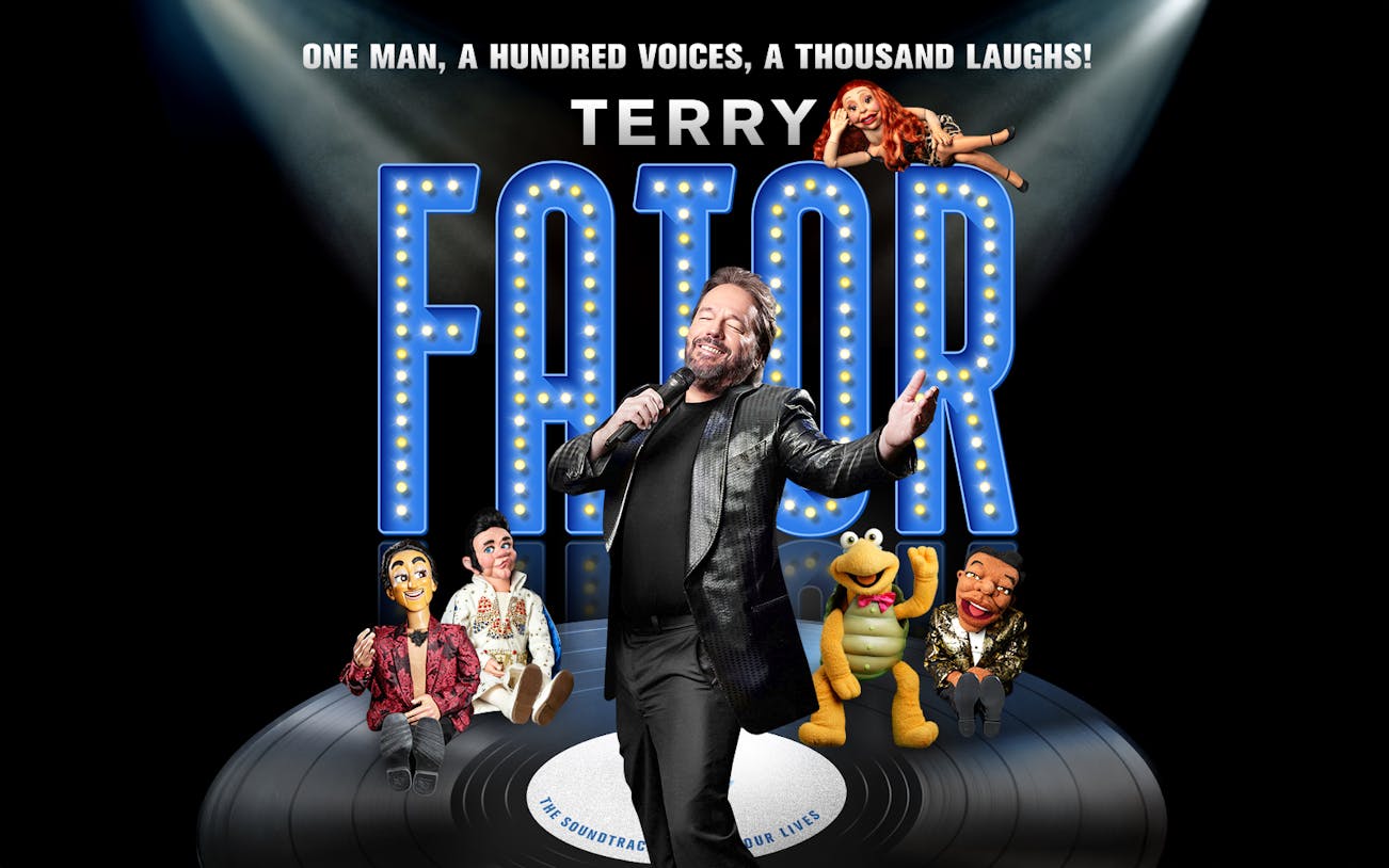 Terry Fator performing with puppets on stage, showcasing "One Man, a Hundred Voices, a Thousand Laughs!