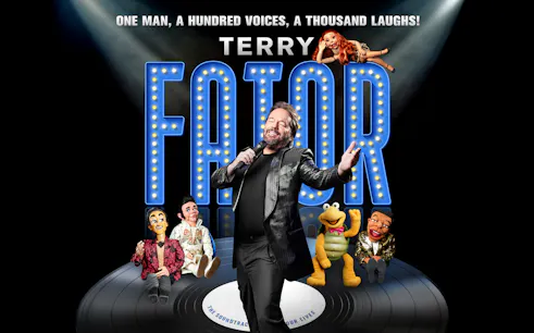 Terry Fator performing with puppets on stage, showcasing "One Man, a Hundred Voices, a Thousand Laughs!