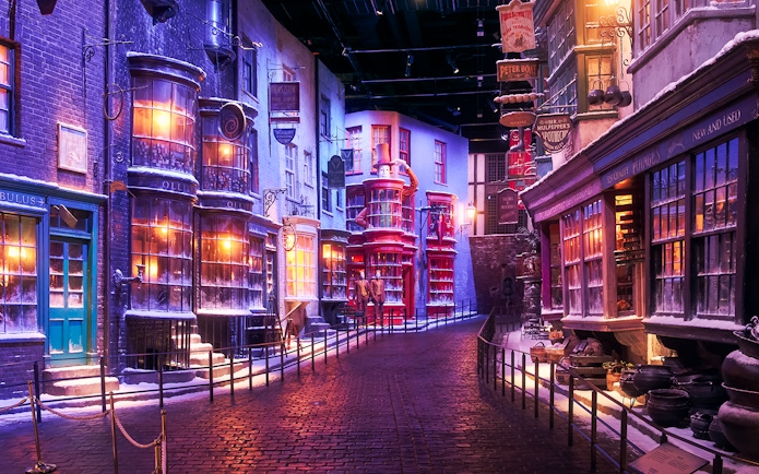 Diagon Alley decorated for Christmas at The Making of Harry Potter Studio Tour in Tokyo.