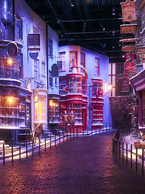 Diagon Alley decorated for Christmas at The Making of Harry Potter Studio Tour in Tokyo.
