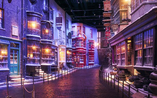Diagon Alley decorated for Christmas at The Making of Harry Potter Studio Tour in Tokyo.