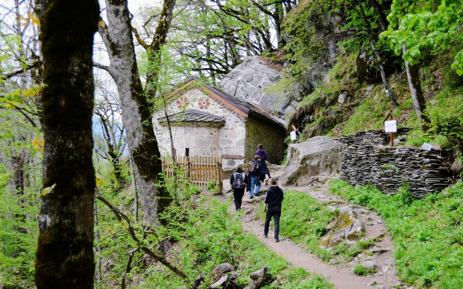 Guests walking towards St. Ivan Cave through a forested path.