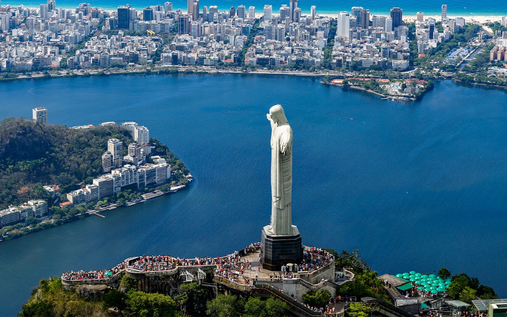 Aerial view of Christ the Redeemer overlooking Rio de Janeiro, Brazil.