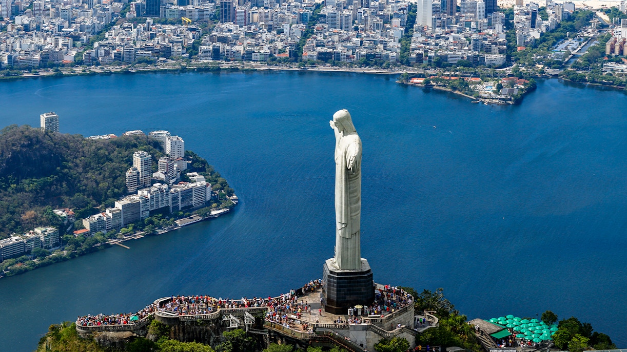 Aerial view of Christ the Redeemer overlooking Rio de Janeiro, Brazil.