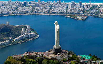 Aerial view of Christ the Redeemer overlooking Rio de Janeiro, Brazil.