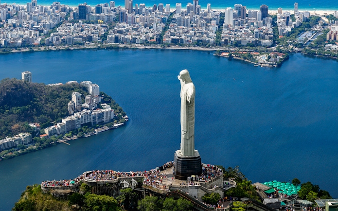 Aerial view of Christ the Redeemer overlooking Rio de Janeiro, Brazil.