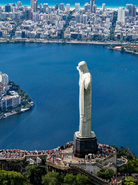 Aerial view of Christ the Redeemer overlooking Rio de Janeiro, Brazil.