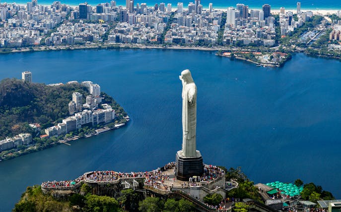 Aerial view of Christ the Redeemer overlooking Rio de Janeiro, Brazil.