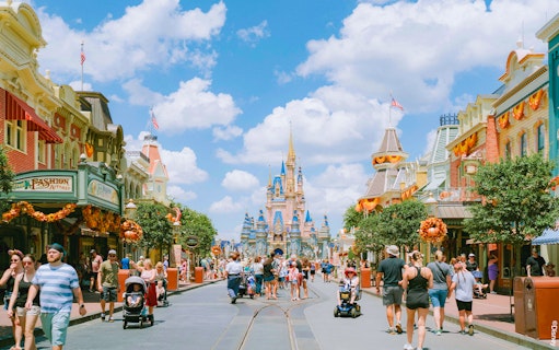 Main Street USA at Disneyland Paris with view of Sleeping Beauty Castle.