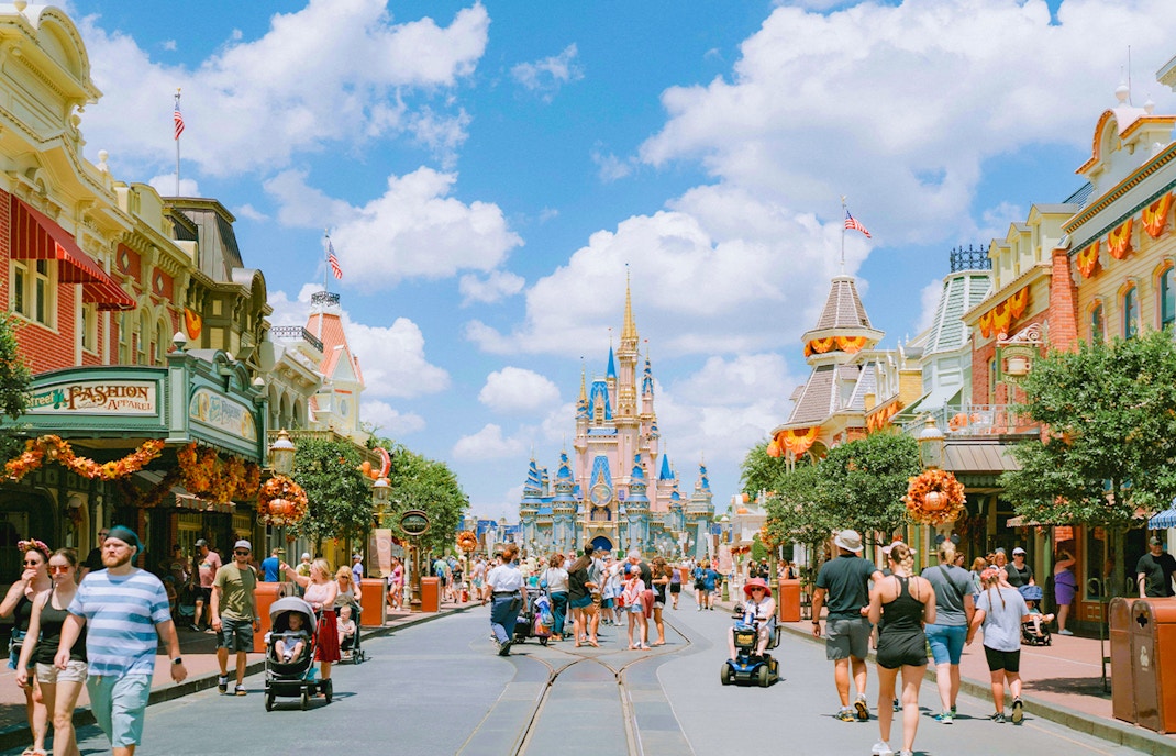 Main Street USA at Disneyland Paris with view of Sleeping Beauty Castle.