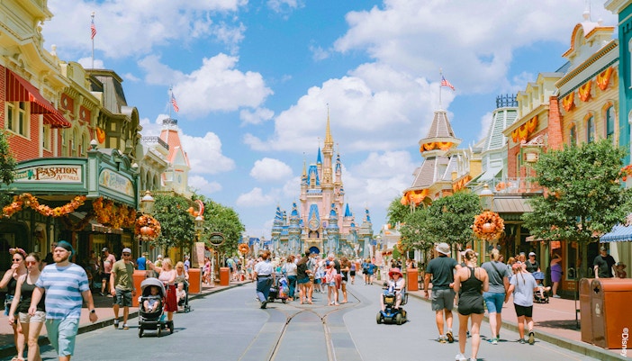 Main Street USA at Disneyland Paris with view of Sleeping Beauty Castle.