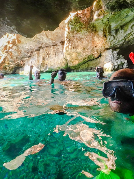 Snorkelers exploring Blue Caves in Albania.