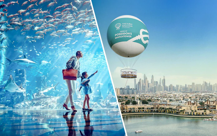 Visitors exploring The Lost Chambers Aquarium at Atlantis, The Palm, Dubai with marine life.