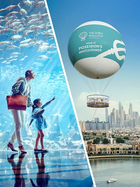 Visitors exploring The Lost Chambers Aquarium at Atlantis, The Palm, Dubai with marine life.