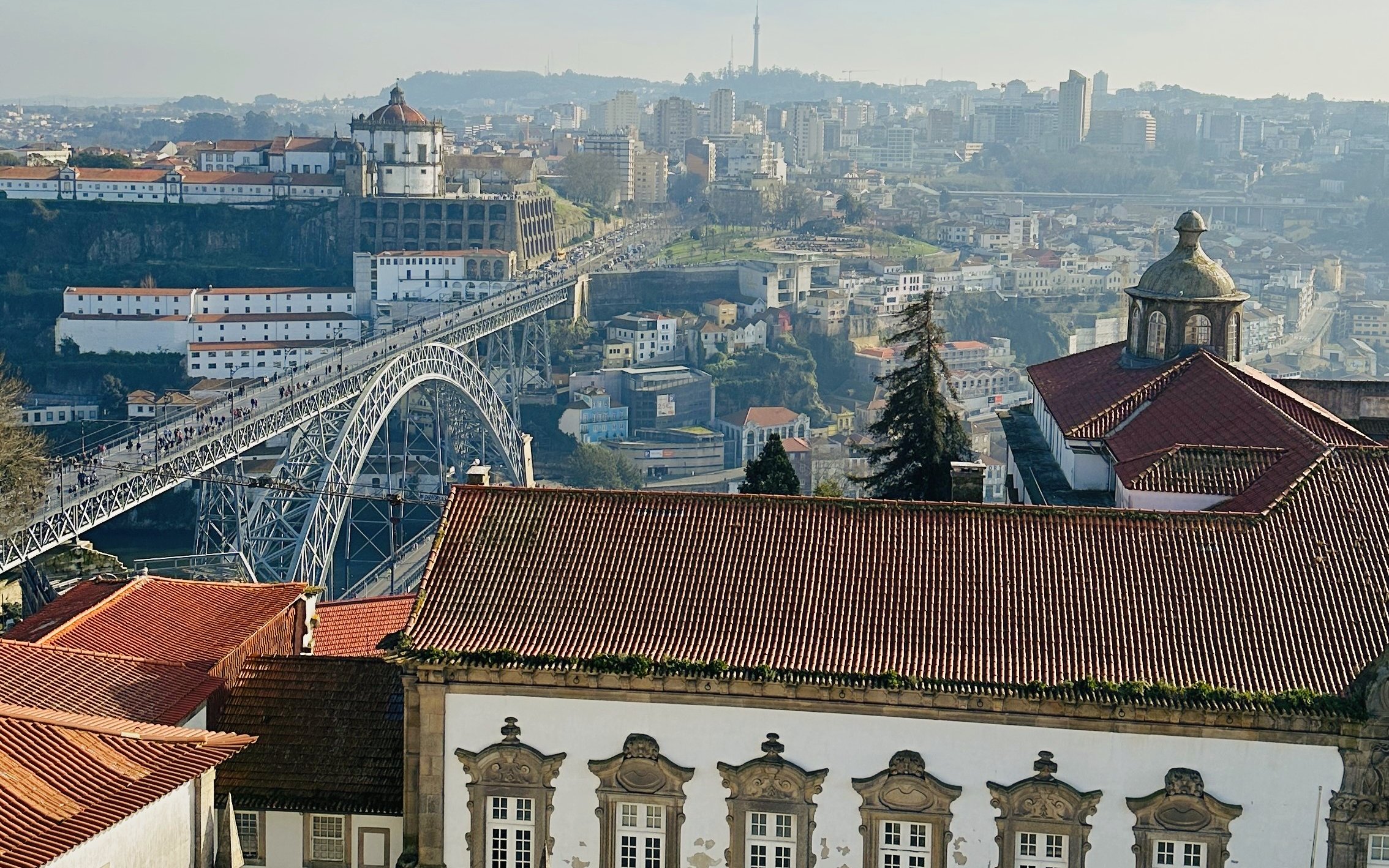 Scenic view of Porto, Portugal with the iconic Dom Luís I Bridge.