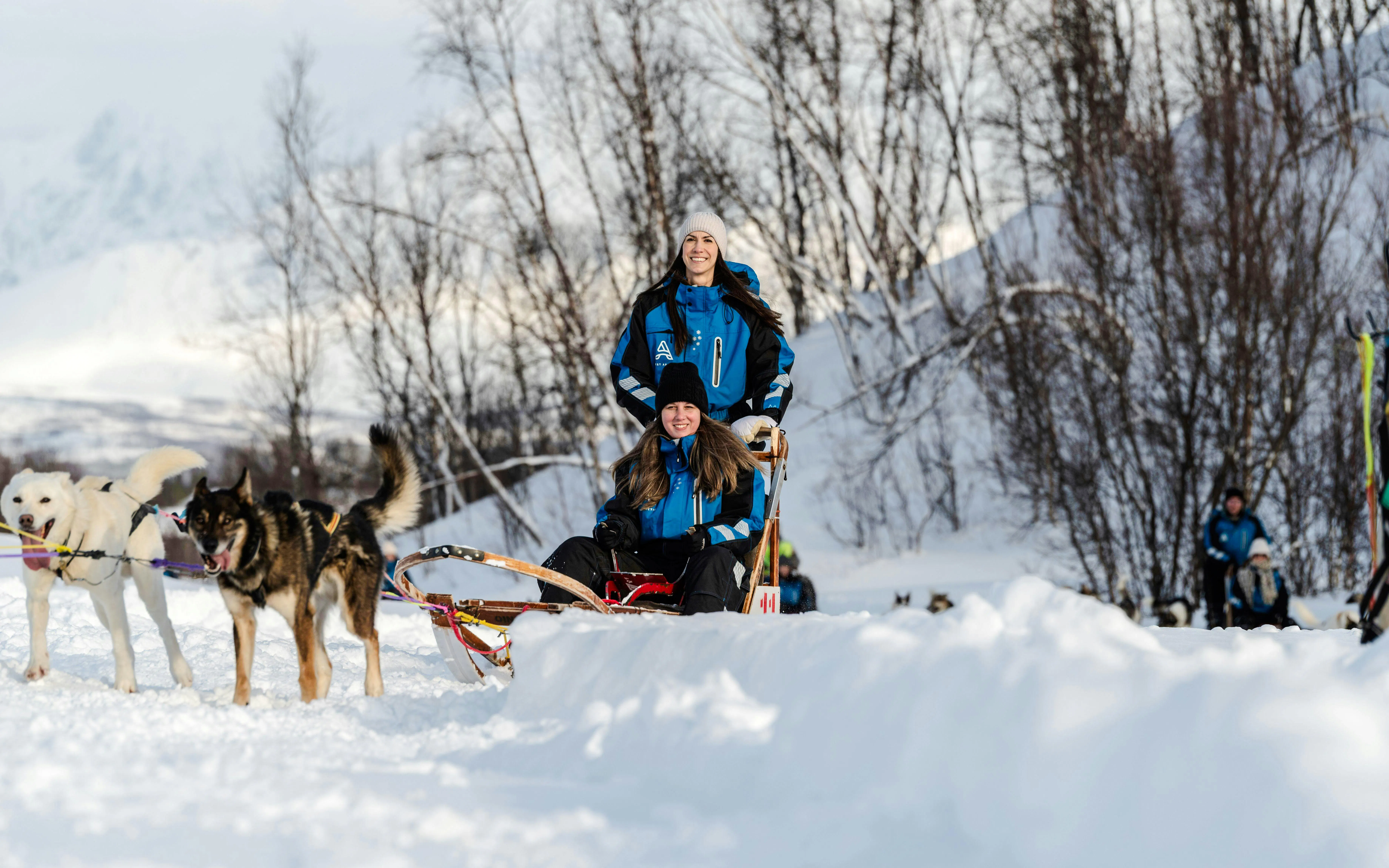 Guests dogsledding through snowy landscape in Tromso.