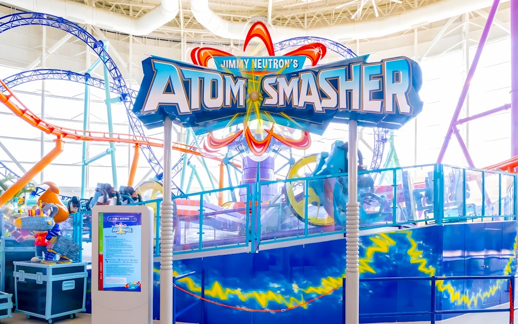Jimmy Neutron's Atom Smasher ride entrance at Nickelodeon Universe, American Dream.