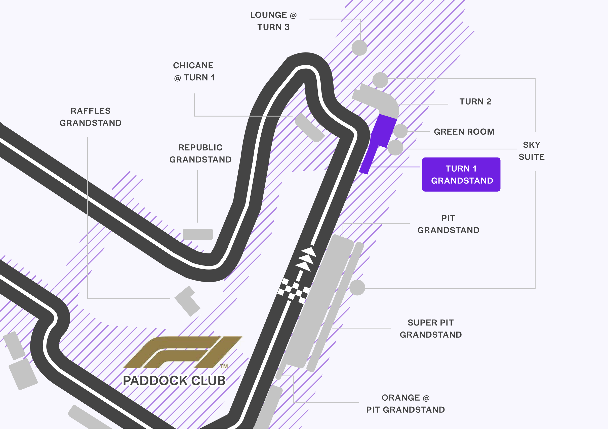 Map highlighting Turn 1 Grandstand at Singapore GP Formula 1 circuit
