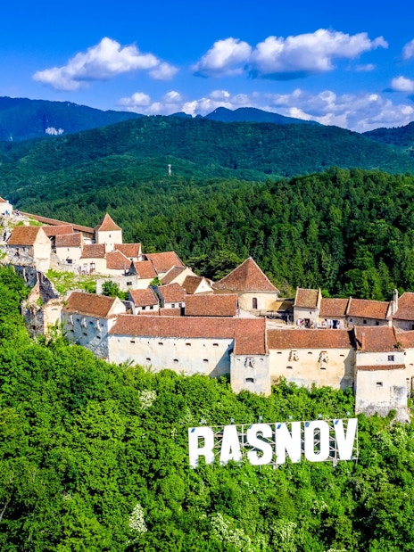 Rasnov Fortress surrounded by lush green forests in Brasov, Transylvania.