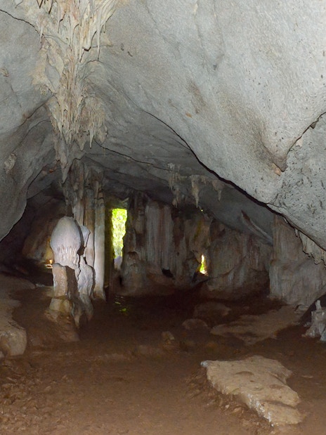 Stalactites and stalagmites inside Ice Cream Cave, Thailand.