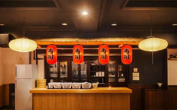 Kitchen counter with sushi lanterns at Hands-On Sushi Making Workshop in Osaka.