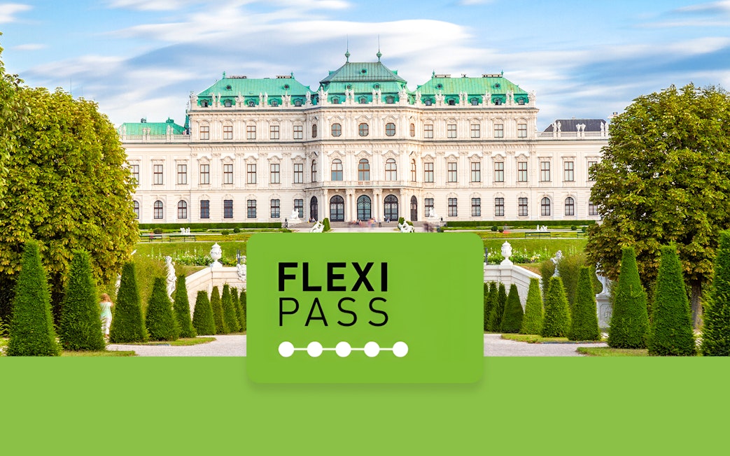 Belvedere Castle in Vienna with Flexi Pass logo in foreground.