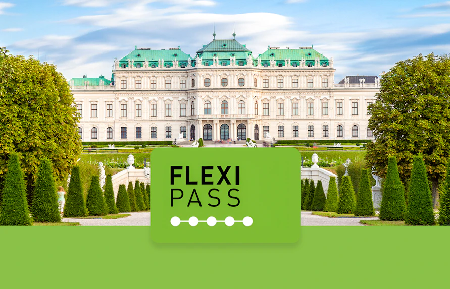 Belvedere Castle in Vienna with Flexi Pass logo in foreground.
