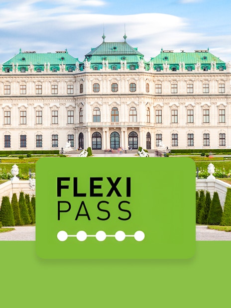 Belvedere Castle in Vienna with Flexi Pass logo in foreground.