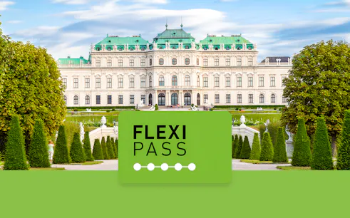 Belvedere Castle in Vienna with Flexi Pass logo in foreground.