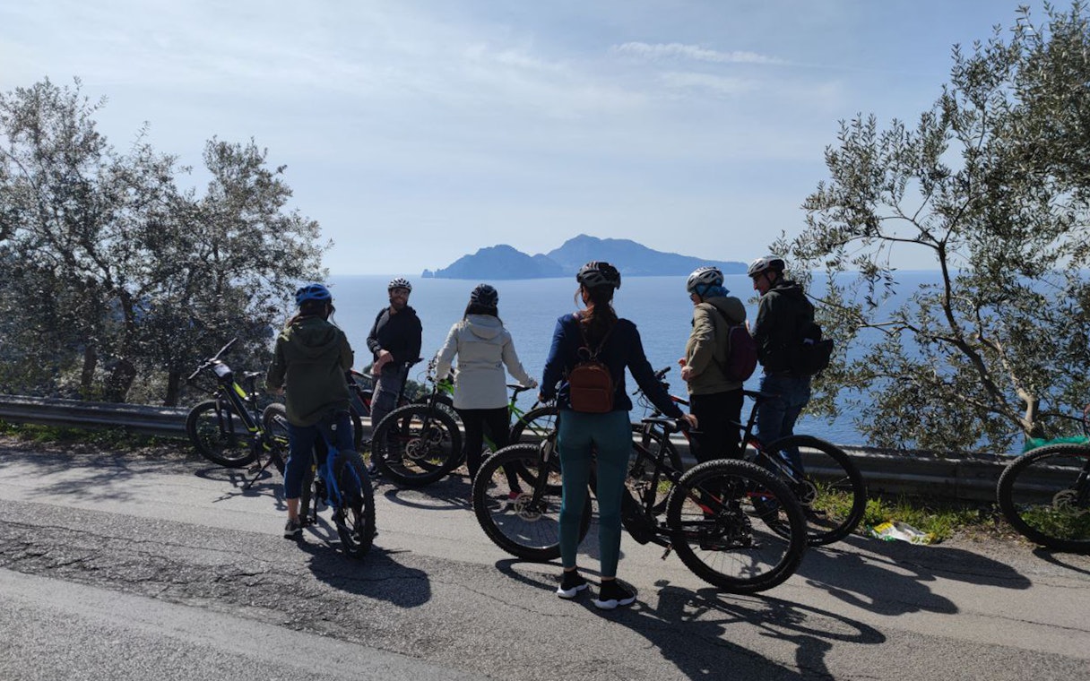 Group on e-bikes overlooking the sea during Mount Vesuvius tour from Sorrento.