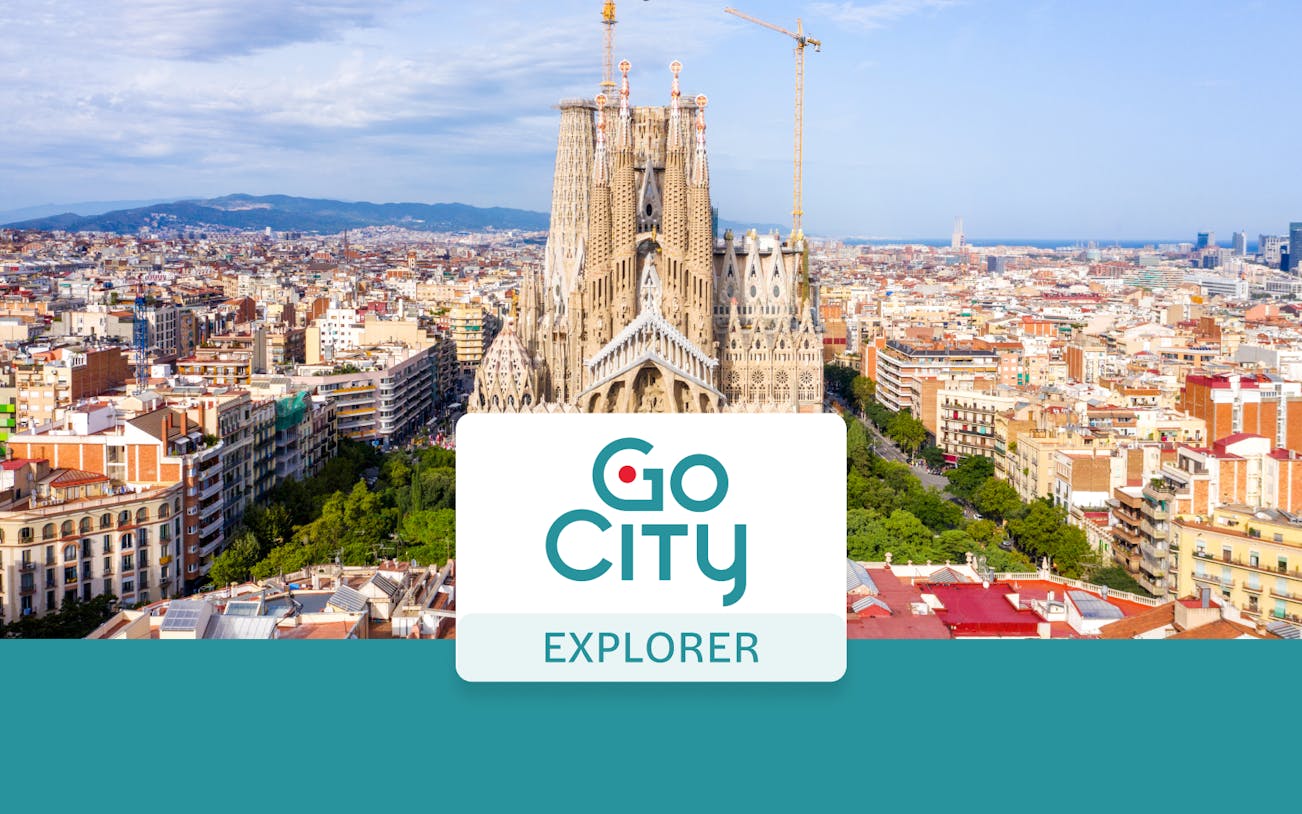 Panoramic view of Sagrada Familia and Barcelona cityscape.