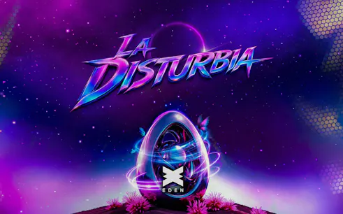 La Disturbia party poster with neon colors and Eden Ibiza logo.