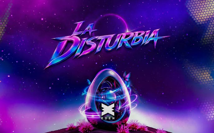 La Disturbia party poster with neon colors and Eden Ibiza logo.