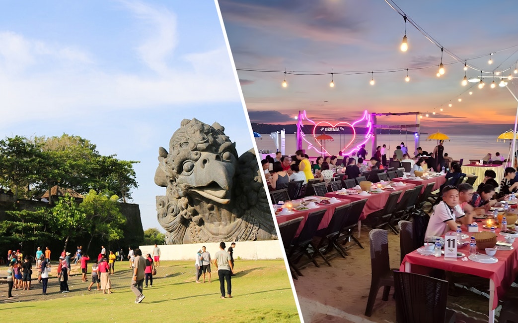 Visitors at Garuda Wisnu Kencana Park statue and dining at Jimbaran beachside restaurant in Bali.