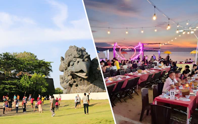 Visitors at Garuda Wisnu Kencana Park statue and dining at Jimbaran beachside restaurant in Bali.